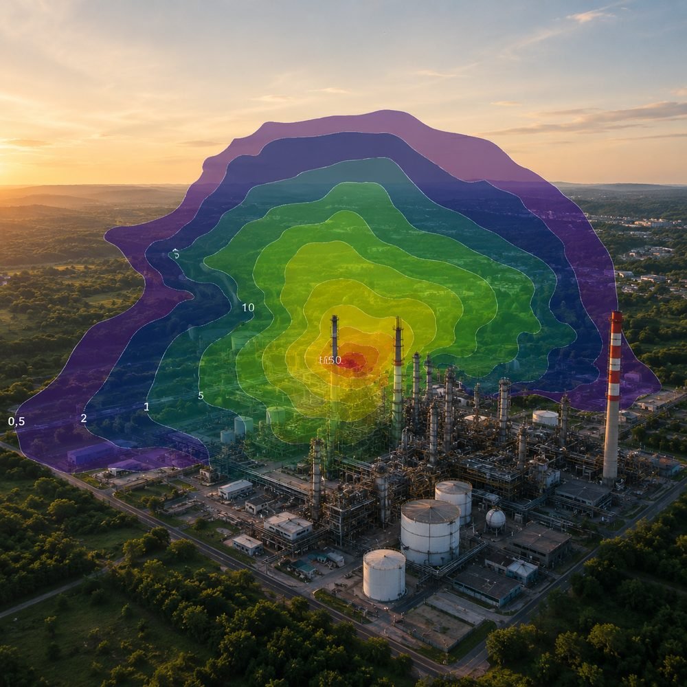Mapa de modelagem de dispersão atmosférica sobre área industrial